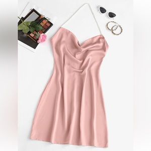 Pink satin mini dress with pearl strap. Size S